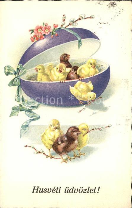 Ostern Easter Paques Kueken Osterei Weidenkaetzchen Litho
