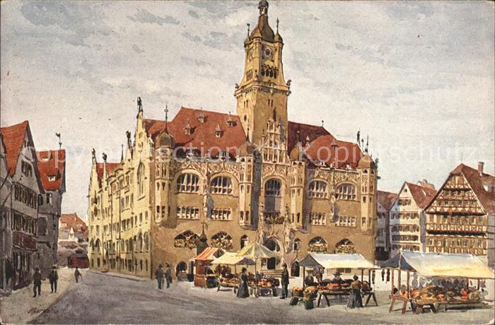 Kuenstlerkarte Josef Marschall Stuttgart Marktplatz Rathaus