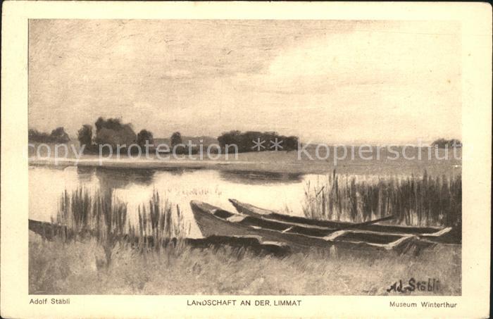 Kuenstlerkarte Adolf Staebli Landschaft an der Limmat
