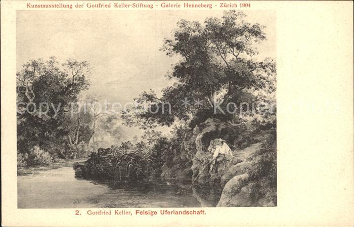 KELLER Gottfried Zuerich (1819-1890) Kuenstlerkarte Felsige Uferlandschaft Kunst