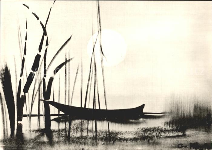 Kuenstlerkarte Christian Hinrich Boot im Schilf Oel auf Leinwand