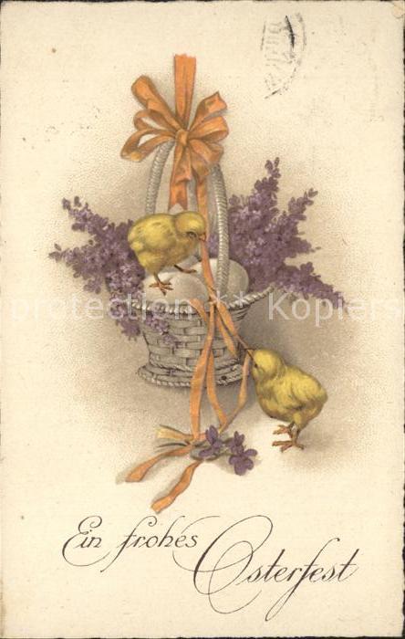 Ostern Easter Paques Küken Flieder Korb Schleife Litho