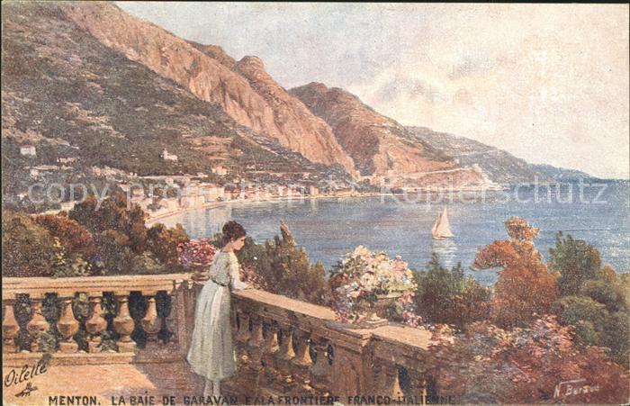 Verlag Tucks Oilette Nr. 9 Menton Baie de Garavan Fromtiere Franco-Italienne