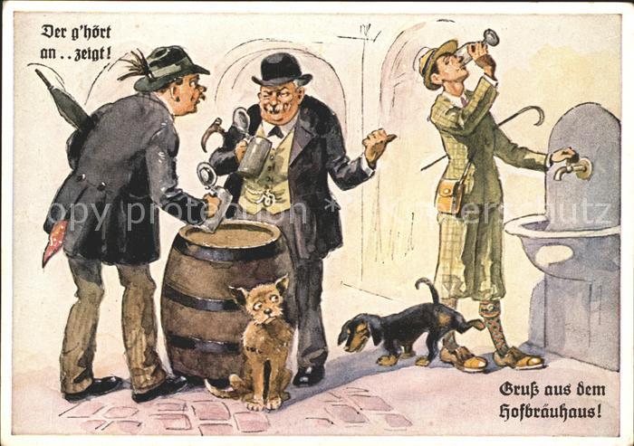 Dackel Dachshund Teckel Hunde dogs Chien Bier Hofbräuhaus Bierfass Brunnen Humor
