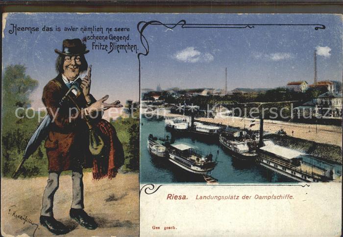Riesa Sachsen Landungsplatz der Dampfschiffe Karikatur Fritze Bliemchen