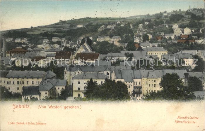 Sebnitz von Westen gesehen Handkolorierte Kuenstlerkarte