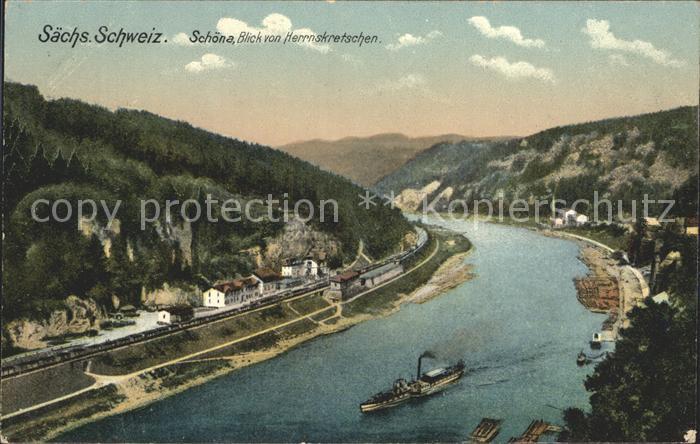 Schoena Herrnskretschen Panorama Elbe Dampfer Eisenbahn
