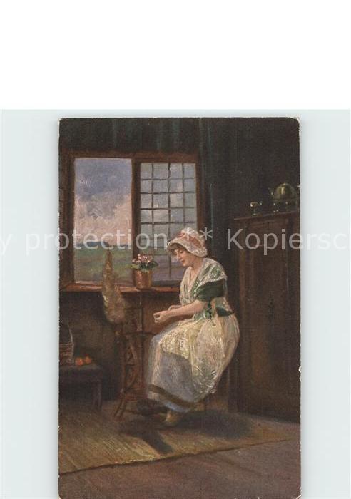 Spinnrad Frau Tracht Künstlerkarte Mux