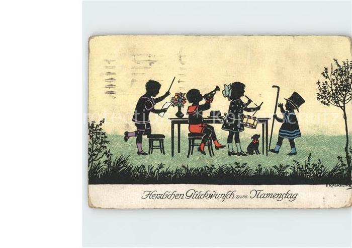 Scherenschnitt Schattenbildkarte Glueckwunsch Namenstag Kinder Orchester Trommel