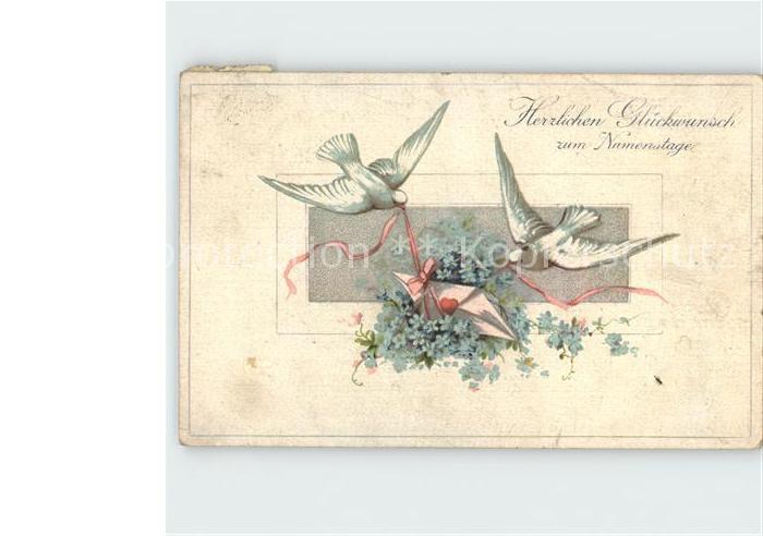 Brieftaube Carrier Pigeon voyageur Glueckwunsch Namenstag Vergissmeinnicht Litho