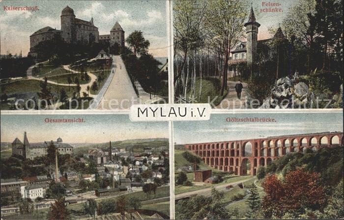 Mylau Kaiserschloss Felsenschaenke Gesamtansicht Goeltzschtalbruecke