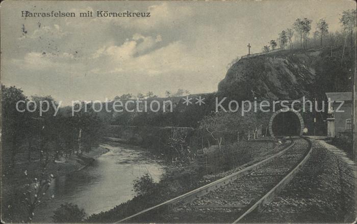 Frankenberg Sachsen Harrasfelsen mit Koernerkreuz Eisenbahntunnel