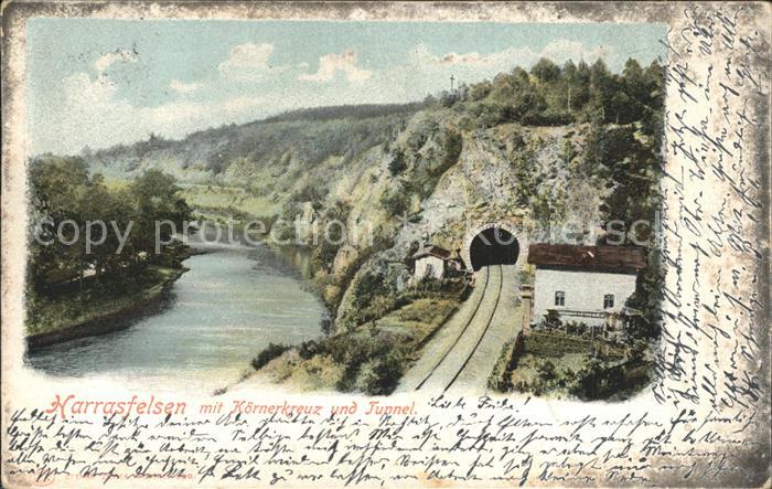 Frankenberg Sachsen Harrasfelsen mit Koernerkreuz Eisenbahntunnel