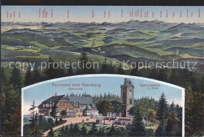 Auersberg Wildenthal Panorama Suedostseite Unterkunftshaus und Turm