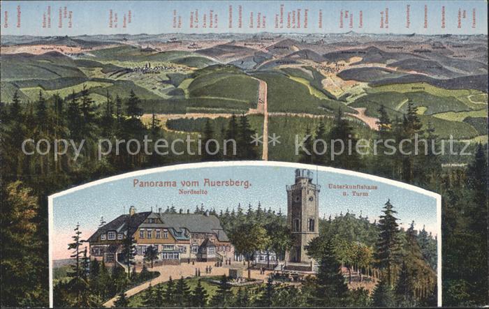 Auersberg Wildenthal Panorama Suedostseite Unterkunftshaus und Turm