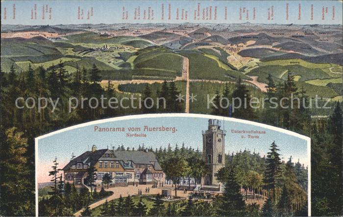 Auersberg Wildenthal Panorama mit Aussichtsturm und Unterkunftshaus