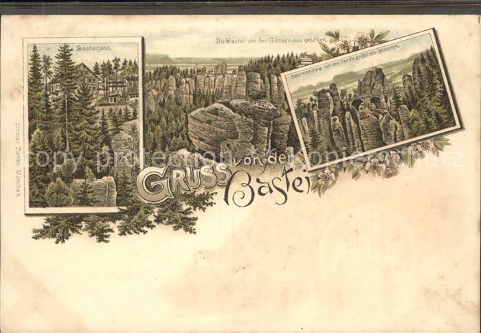 Bastei Saechsische Schweiz Basteihotel Blick von den Gaensen Basteibruecke