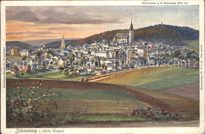Schneeberg Erzgebirge Gesamtansicht mit Koehlerturm Gleesberg Kuenstlerkarte