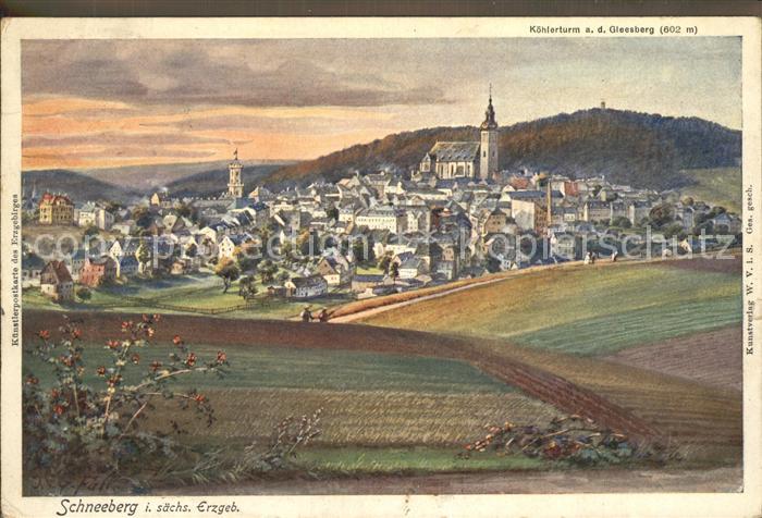 Schneeberg Erzgebirge Gesamtansicht mit Koehlerturm auf dem Gleesberg
