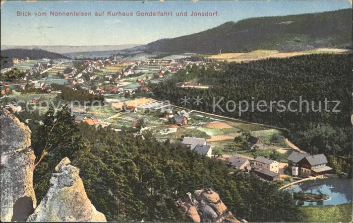 Jonsdorf Blick vom Nonnenfelsen auf Kurhaus Gondelfahrt und Jonsdorf