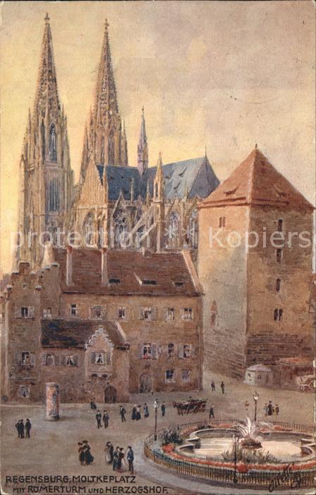 REGENSBURG Bayern Moltkeplatz mit Dom Roemerturm und Herzogshof