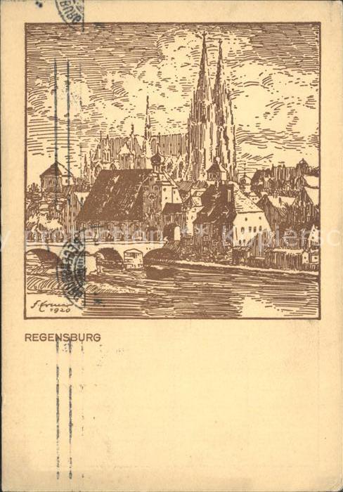 REGENSBURG Bayern Steinerne Bruecke mit Dom Zeichnung