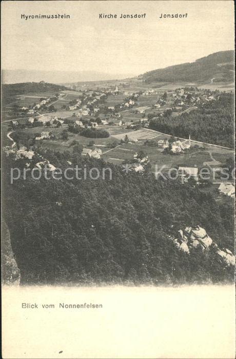 Jonsdorf Blick vom Nonnenfelsen auf Hyronimusstein und Kirche