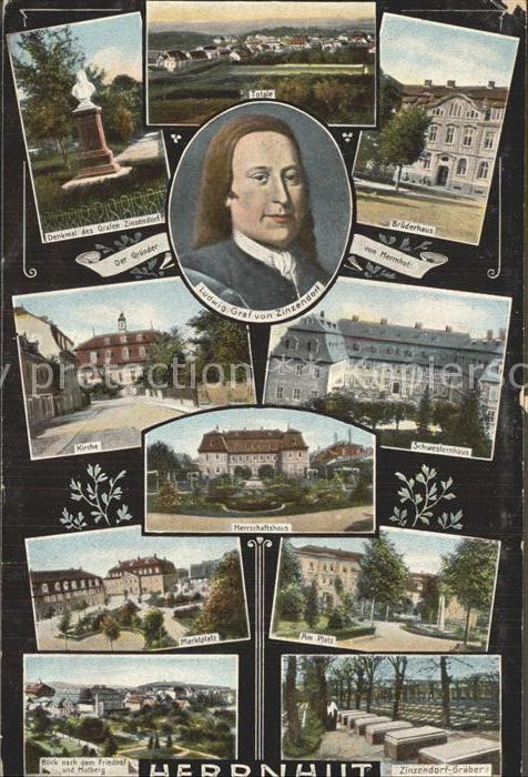 Herrnhut Total Zinzendorfdenkmal und Portrait Bruederhaus Kirche Schwesternhaus