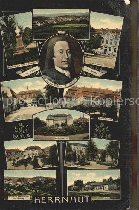 Herrnhut Total Zinzendorfdenkmal und Portrait Bruederhaus Kirche Schwesternhaus