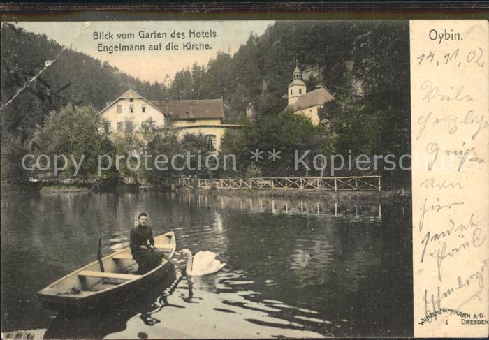Oybin Sachsen Blick vom Garten des Hotels Engelmann Kirche Teich Schwan Boot