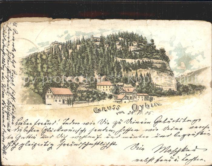 Oybin Sachsen Teilansicht mit Kirche und Berg Oybin Kuenstlerkarte