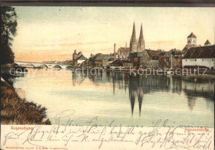 REGENSBURG Bayern Donauansicht Bruecke Dom St Peter Kuenstlerkarte