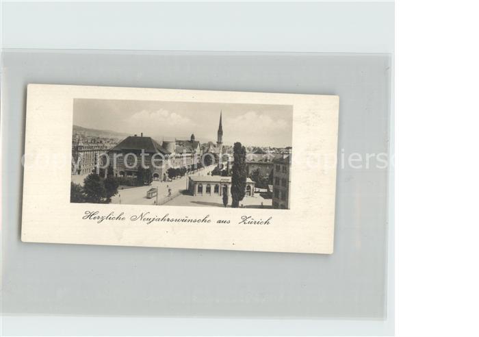 Zuerich Strassenpartie Strassenbahn Kirche Neujahrskarte