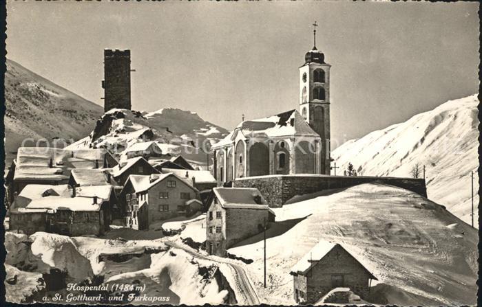 Hospental am St Gotthard mit Kirche und Furkapass