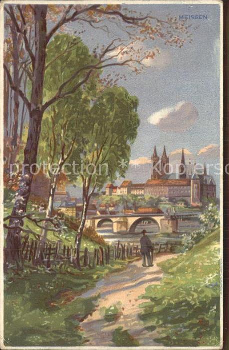 Meissen Elbe Sachsen Uferweg Bruecke Burgberg Albrechtsburg Dom Kuenstlerkarte