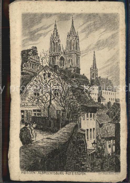 Meissen Elbe Sachsen Albrechtsburg Rote Stufen Kuenstlerkarte Original Radierung