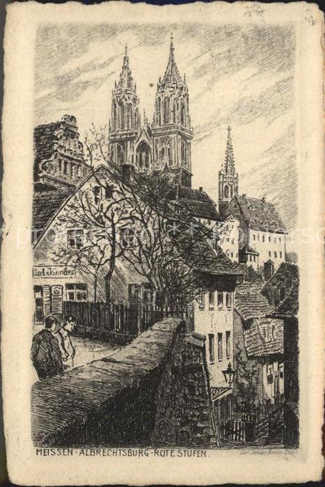 Meissen Elbe Sachsen Albrechtsburg Rote Stufen Dom Radierung Kuenstlerkarte