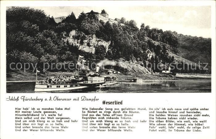 Liederkarte Weserlied Schloss Fuerstenberg Seitenraddampfer