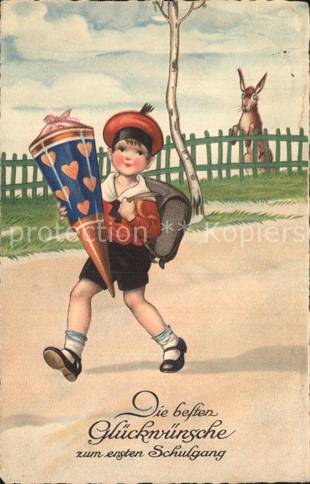 Schule School Ecole Escuela Scuola-- Einschulung Schultuete Kind Hase Litho