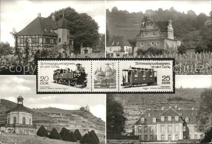 Briefmarken auf Postkarte Schmalspurbahnen DDR Schloss Hofloessnitz Bennoschloes