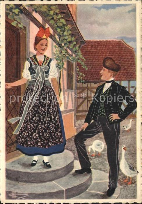 Oberseebach Bas-Rhin Mann Frau Tracht Wissembourg Aquarell C