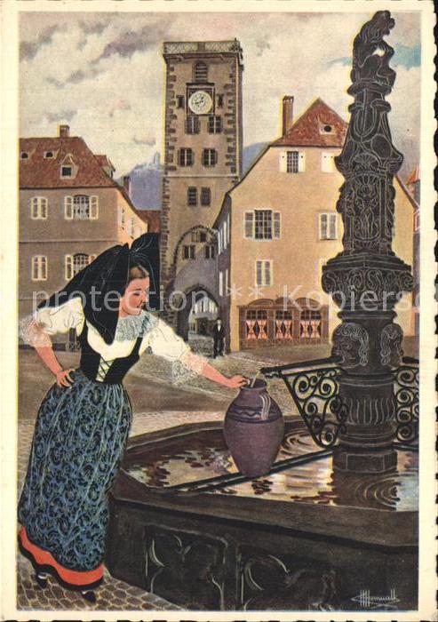 Ribeauville Haut Rhin Elsass Springbrunnen Aquarell Charles Homualk
