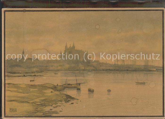 Spanien Künstlerkarte Meer Kirche Schiffe