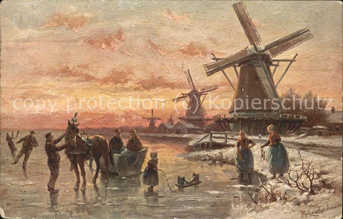 Kuenstlerkarte Windmühlen Pferdekutsche