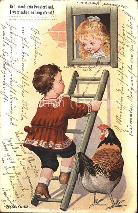Kuenstlerkarte Wunderlich Kinder Hahn Leiter