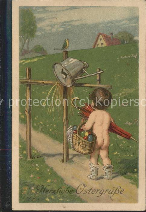 Ostern Easter Paques Kind Regenschirm Osterkorb Künstlerkart
