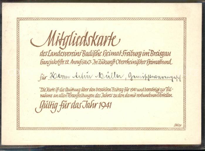 Freiburg Breisgau Mitgliedskarte Badische Heimat