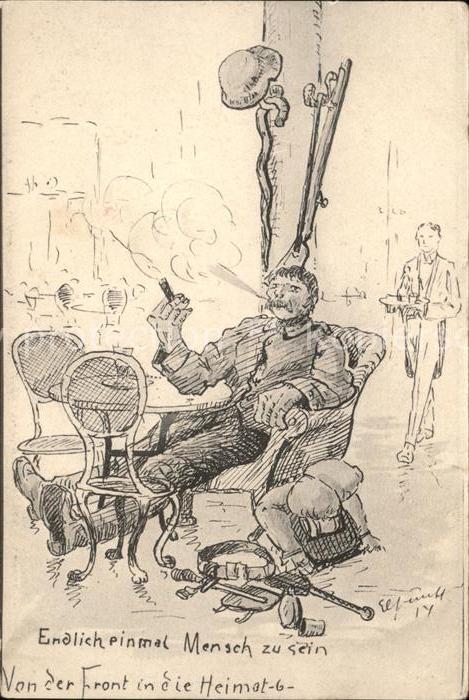 Kuenstlerkarte Soldat Zigarre Zeichnung
