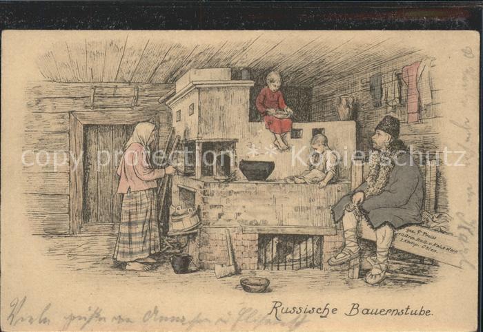 Kuenstlerkarte Russische Bauernstube Familie