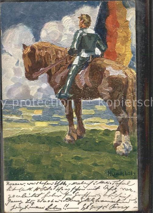 Kuenstlerkarte Uniform Krieg Fahne Pferd